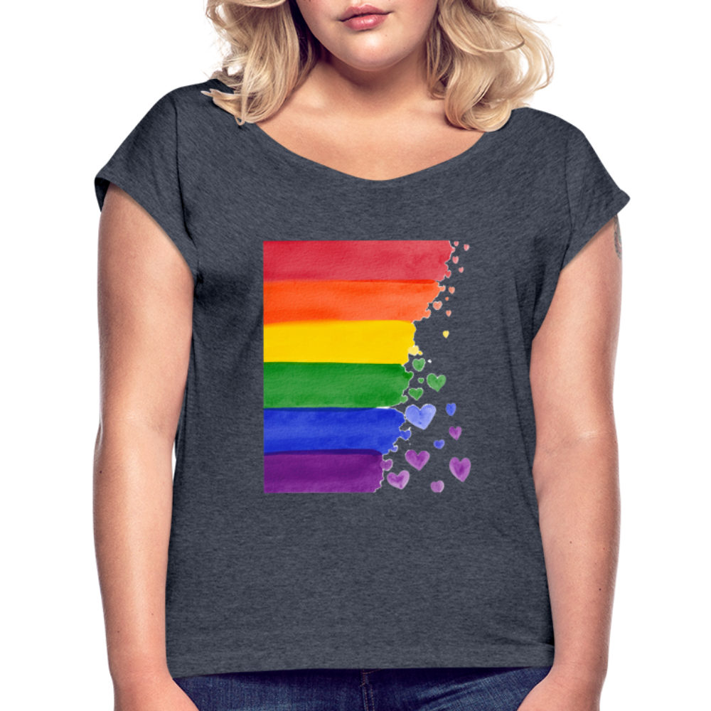 Frauen T-Shirt mit gerollten Ärmeln - LGBT Streifen - Navy meliert