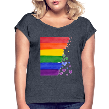 Frauen T-Shirt mit gerollten Ärmeln - LGBT Streifen - Navy meliert