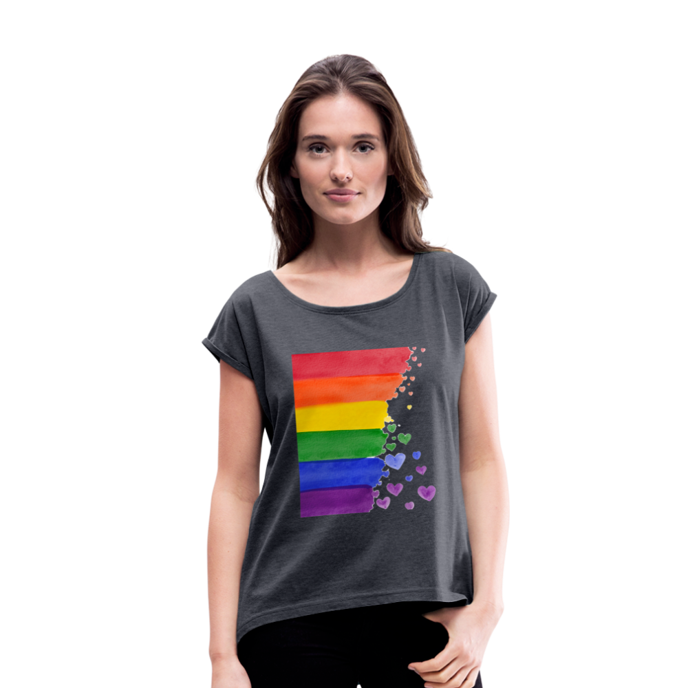 Frauen T-Shirt mit gerollten Ärmeln - LGBT Streifen - Navy meliert