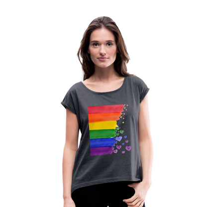 Frauen T-Shirt mit gerollten Ärmeln - LGBT Streifen - Navy meliert