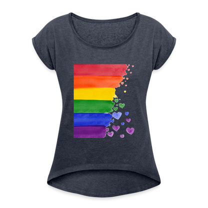 Frauen T-Shirt mit gerollten Ärmeln - LGBT Streifen - Navy meliert