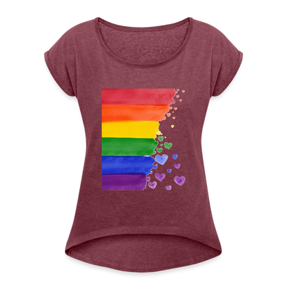 Frauen T-Shirt mit gerollten Ärmeln - LGBT Streifen - Bordeauxrot meliert