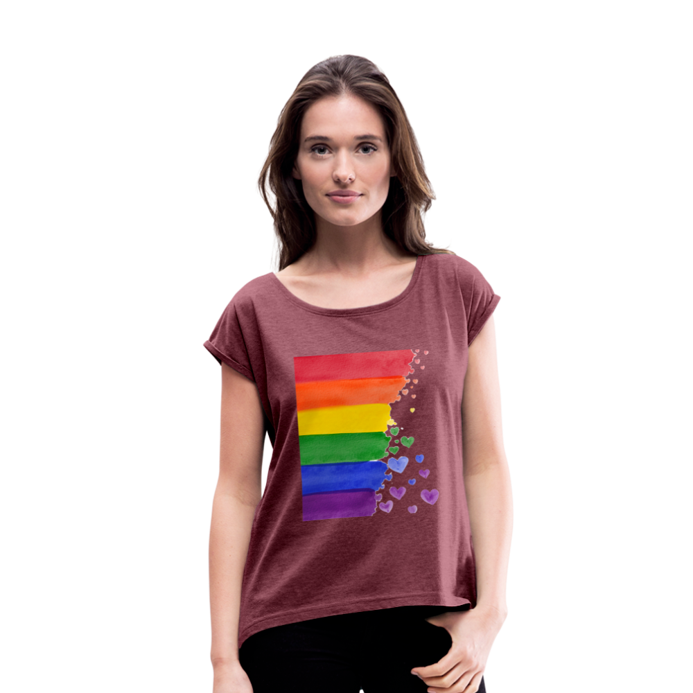 Frauen T-Shirt mit gerollten Ärmeln - LGBT Streifen - Bordeauxrot meliert