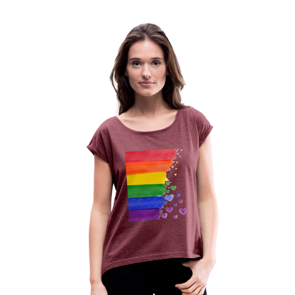 Frauen T-Shirt mit gerollten Ärmeln - LGBT Streifen - Bordeauxrot meliert