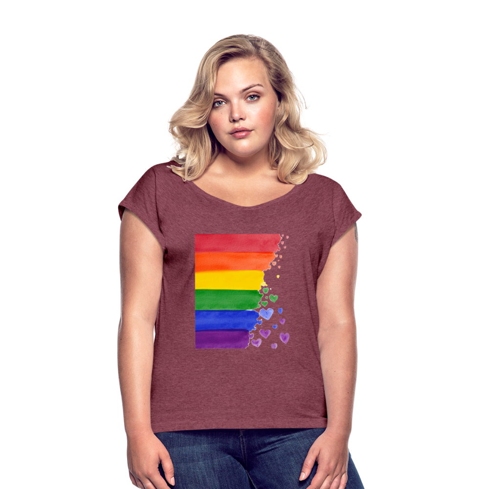 Frauen T-Shirt mit gerollten Ärmeln - LGBT Streifen - Bordeauxrot meliert