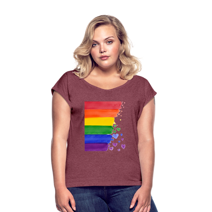 Frauen T-Shirt mit gerollten Ärmeln - LGBT Streifen - Bordeauxrot meliert