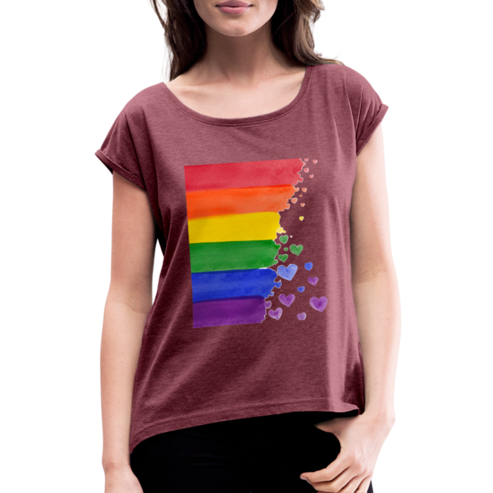 Frauen T-Shirt mit gerollten Ärmeln - LGBT Streifen - Bordeauxrot meliert