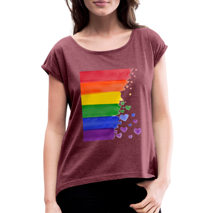 Frauen T-Shirt mit gerollten Ärmeln - LGBT Streifen - Bordeauxrot meliert