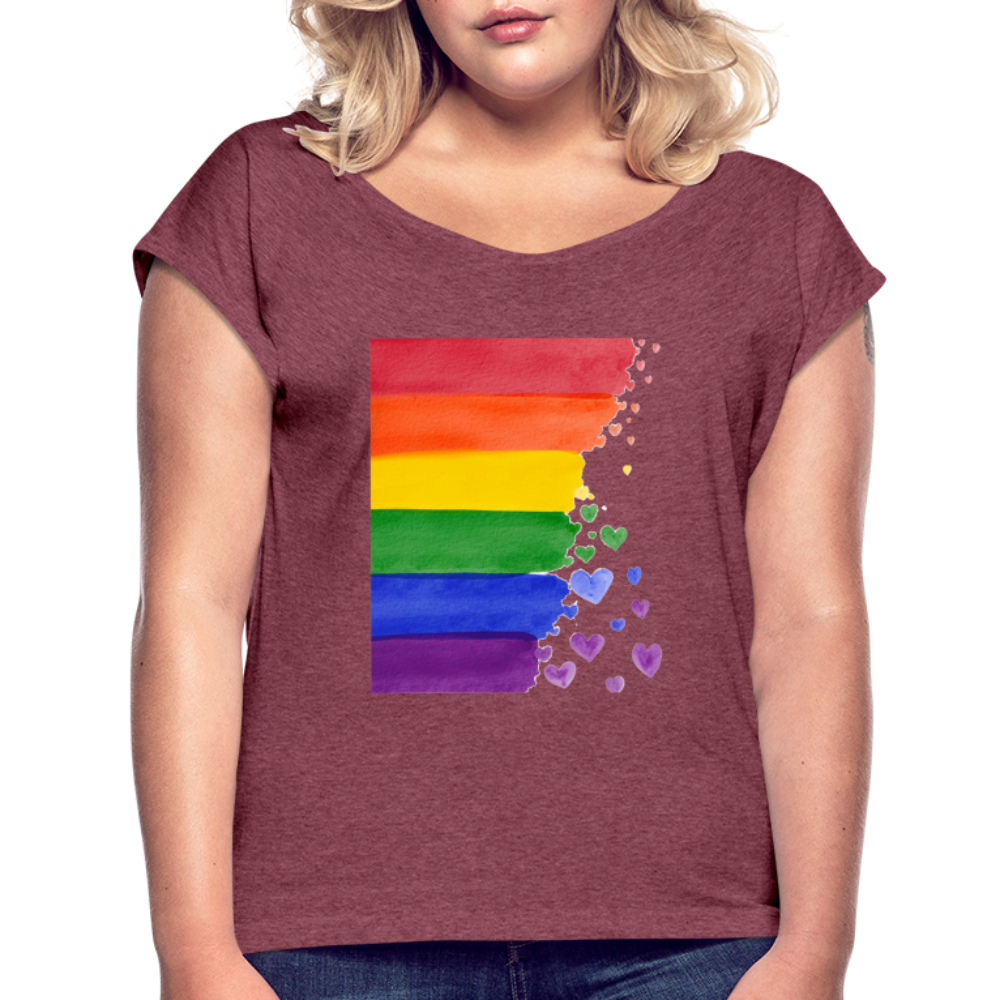 Frauen T-Shirt mit gerollten Ärmeln - LGBT Streifen - Bordeauxrot meliert