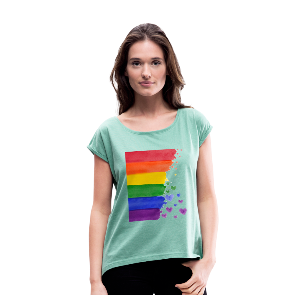 Frauen T-Shirt mit gerollten Ärmeln - LGBT Streifen - Minze meliert