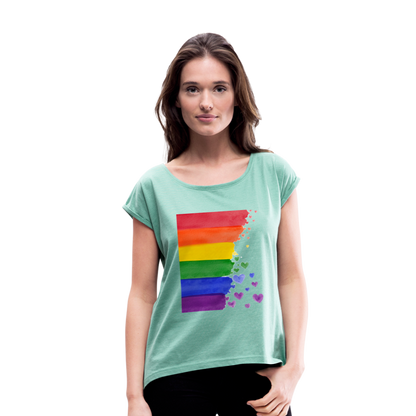 Frauen T-Shirt mit gerollten Ärmeln - LGBT Streifen - Minze meliert