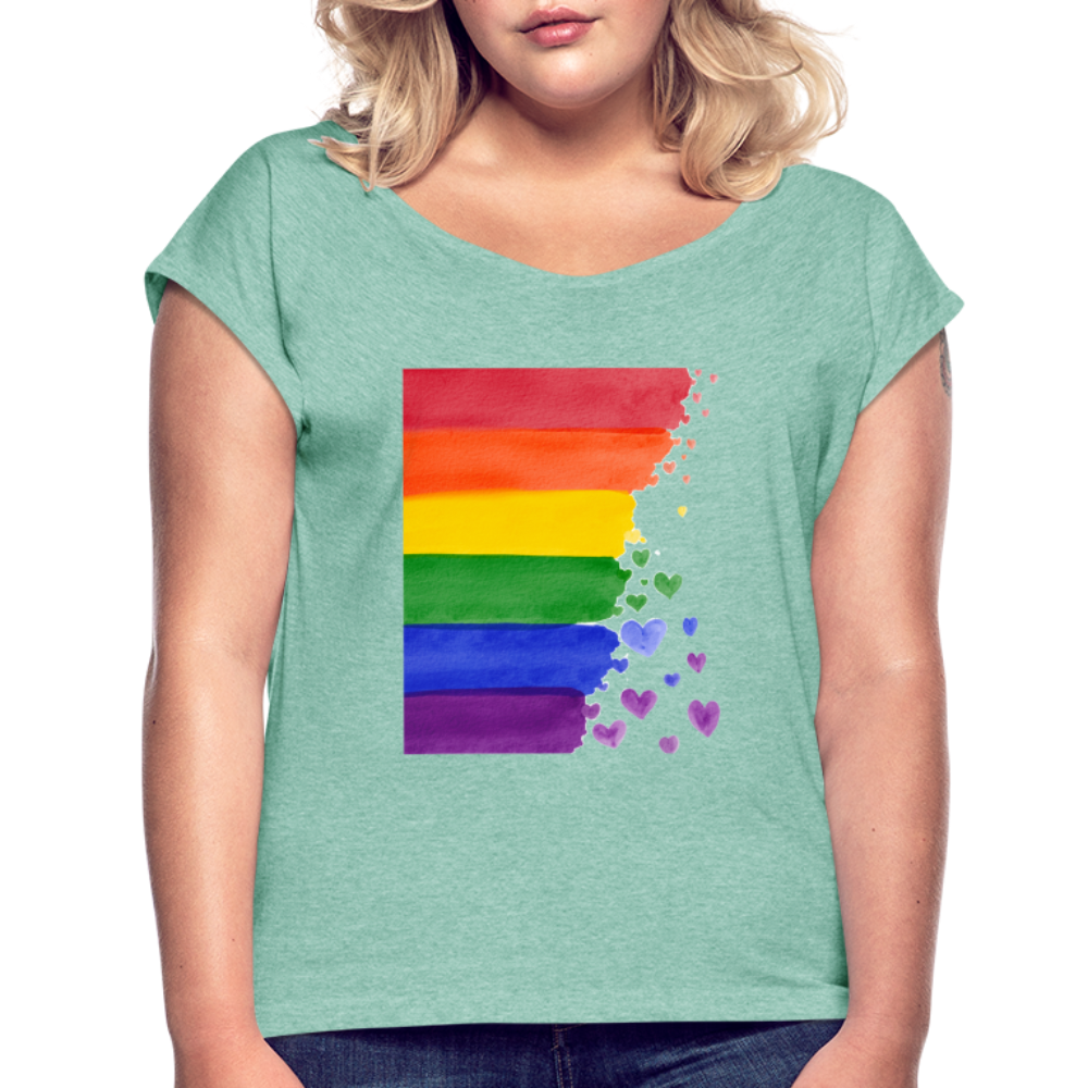 Frauen T-Shirt mit gerollten Ärmeln - LGBT Streifen - Minze meliert