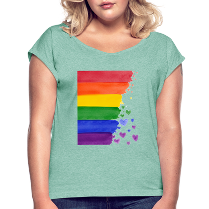 Frauen T-Shirt mit gerollten Ärmeln - LGBT Streifen - Minze meliert