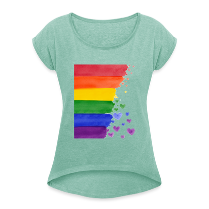 Frauen T-Shirt mit gerollten Ärmeln - LGBT Streifen - Minze meliert