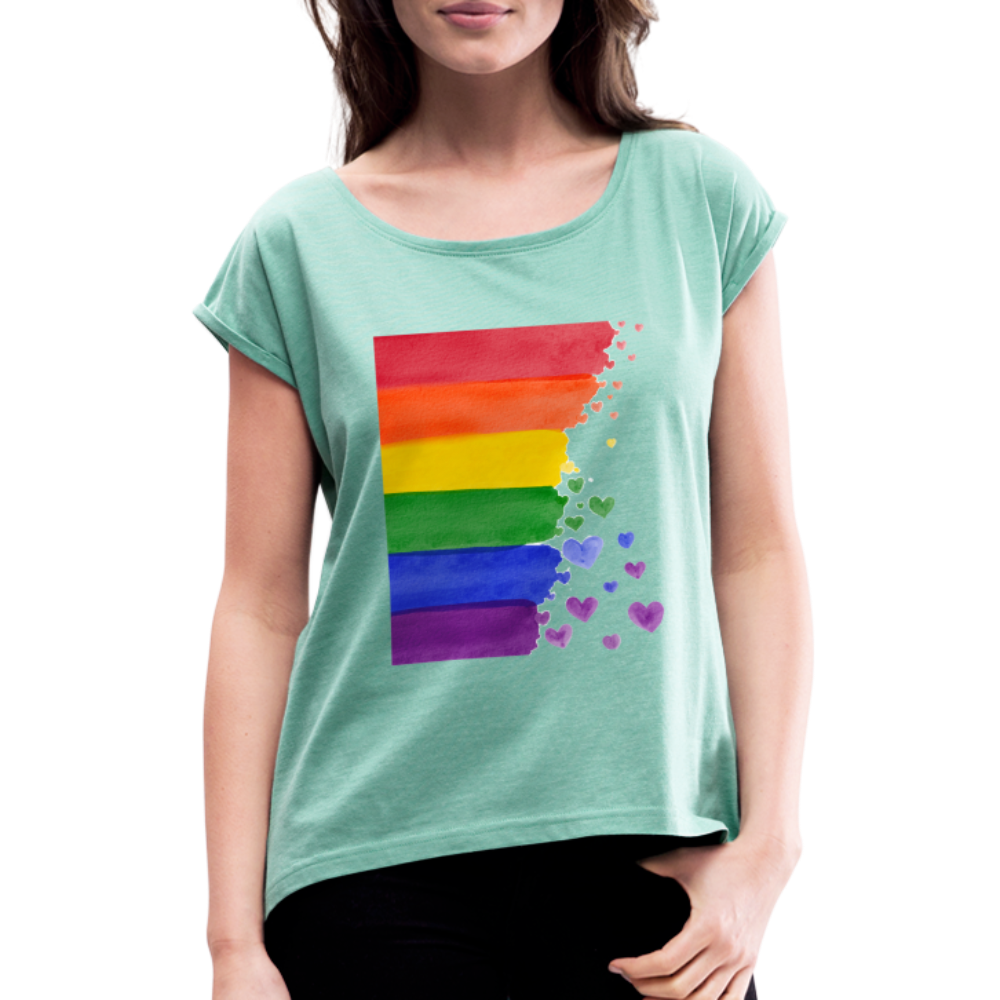 Frauen T-Shirt mit gerollten Ärmeln - LGBT Streifen - Minze meliert