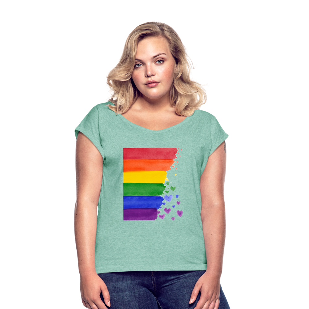 Frauen T-Shirt mit gerollten Ärmeln - LGBT Streifen - Minze meliert