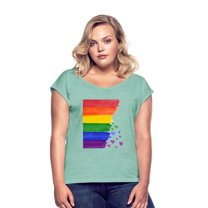 Frauen T-Shirt mit gerollten Ärmeln - LGBT Streifen - Minze meliert