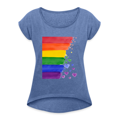 Frauen T-Shirt mit gerollten Ärmeln - LGBT Streifen - Denim meliert