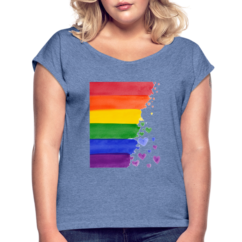 Frauen T-Shirt mit gerollten Ärmeln - LGBT Streifen - Denim meliert