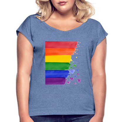 Frauen T-Shirt mit gerollten Ärmeln - LGBT Streifen - Denim meliert