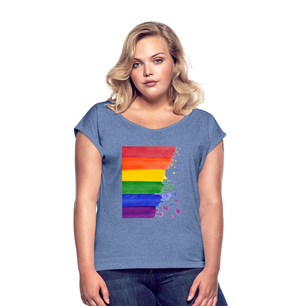 Frauen T-Shirt mit gerollten Ärmeln - LGBT Streifen - Denim meliert