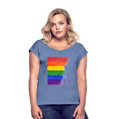 Frauen T-Shirt mit gerollten Ärmeln - LGBT Streifen - Denim meliert