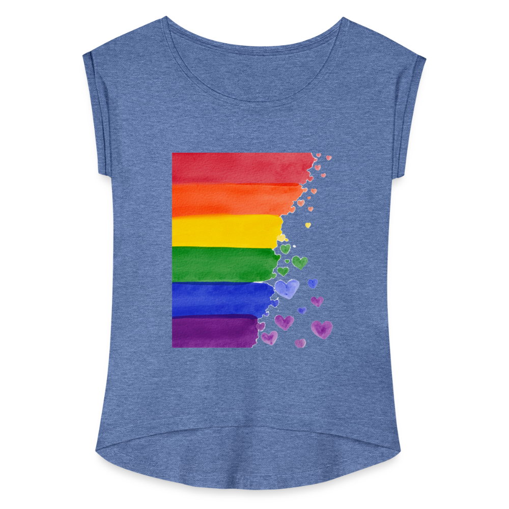 Frauen T-Shirt mit gerollten Ärmeln - LGBT Streifen - Denim meliert