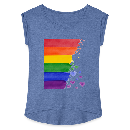 Frauen T-Shirt mit gerollten Ärmeln - LGBT Streifen - Denim meliert