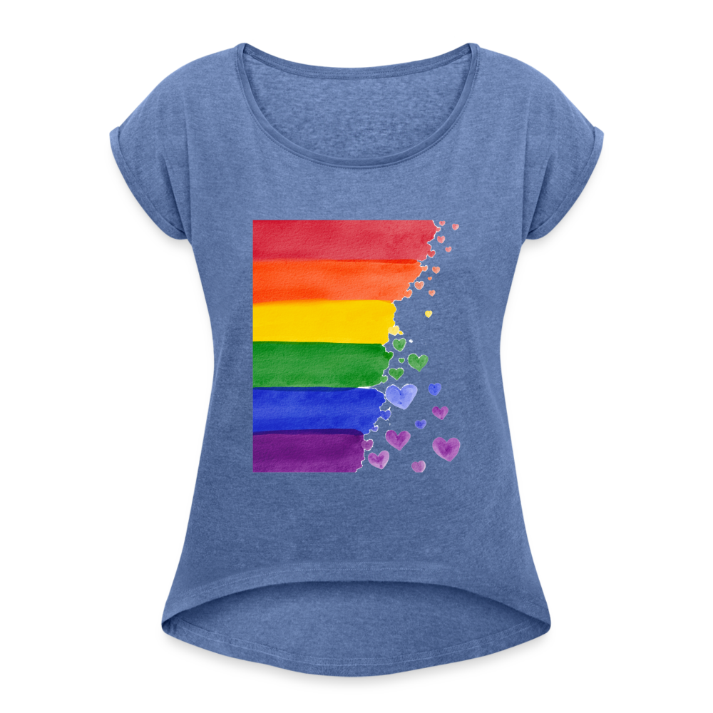 Frauen T-Shirt mit gerollten Ärmeln - LGBT Streifen - Denim meliert