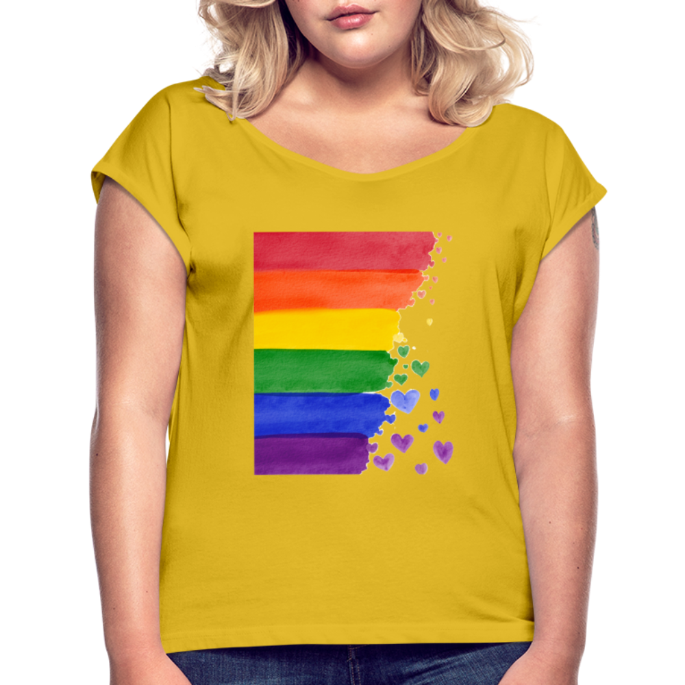 Frauen T-Shirt mit gerollten Ärmeln - LGBT Streifen - Senfgelb