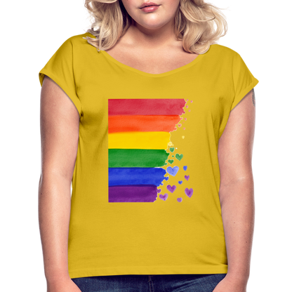 Frauen T-Shirt mit gerollten Ärmeln - LGBT Streifen - Senfgelb