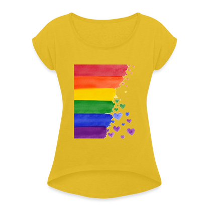 Frauen T-Shirt mit gerollten Ärmeln - LGBT Streifen - Senfgelb