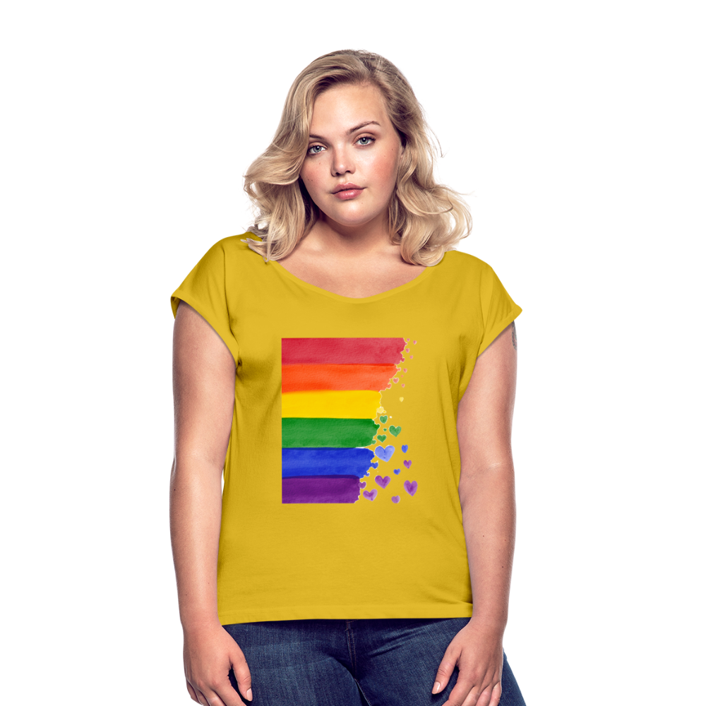 Frauen T-Shirt mit gerollten Ärmeln - LGBT Streifen - Senfgelb