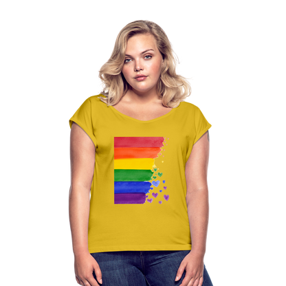 Frauen T-Shirt mit gerollten Ärmeln - LGBT Streifen - Senfgelb