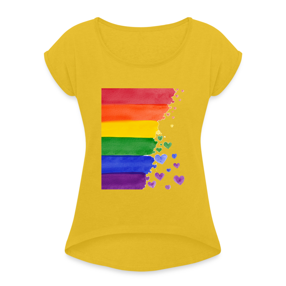 Frauen T-Shirt mit gerollten Ärmeln - LGBT Streifen - Senfgelb