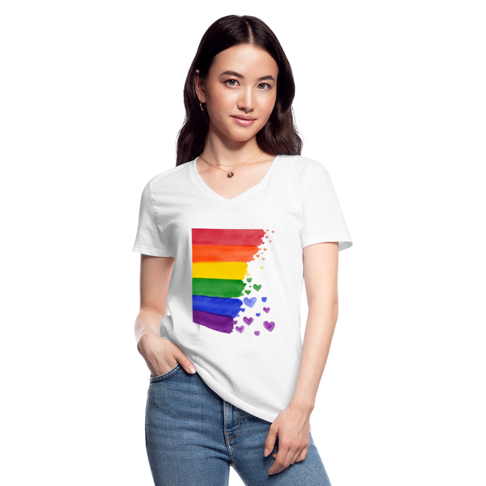 Klassisches Frauen-T-Shirt mit V-Ausschnitt - LGBT Streifen - weiß