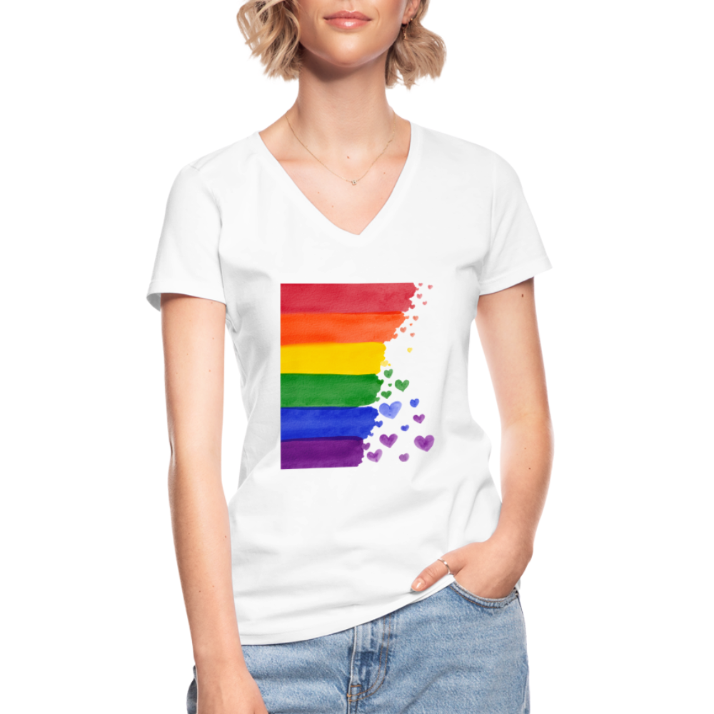 Klassisches Frauen-T-Shirt mit V-Ausschnitt - LGBT Streifen - weiß