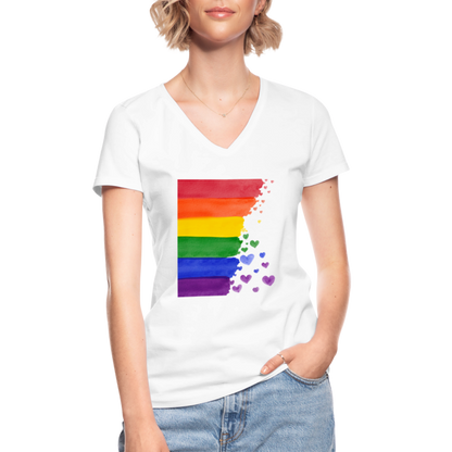 Klassisches Frauen-T-Shirt mit V-Ausschnitt - LGBT Streifen - weiß