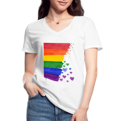 Klassisches Frauen-T-Shirt mit V-Ausschnitt - LGBT Streifen - weiß