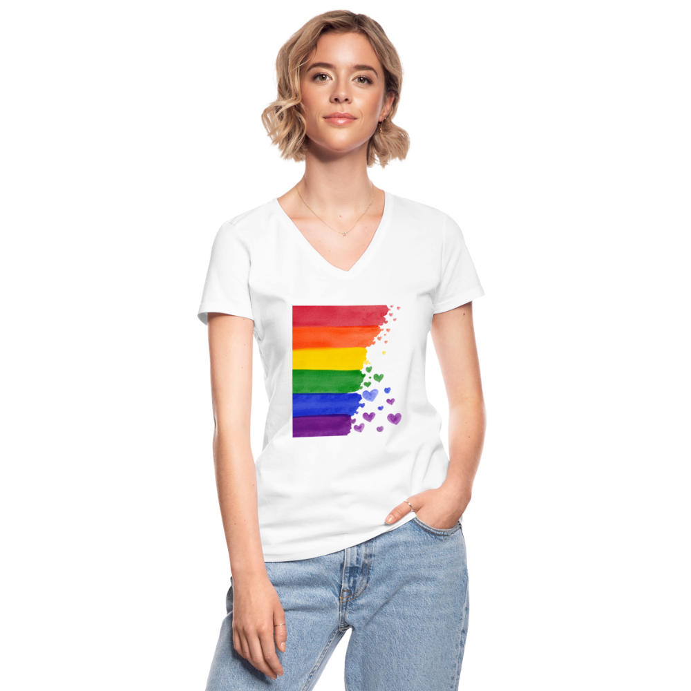 Klassisches Frauen-T-Shirt mit V-Ausschnitt - LGBT Streifen - weiß