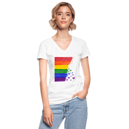 Klassisches Frauen-T-Shirt mit V-Ausschnitt - LGBT Streifen - weiß