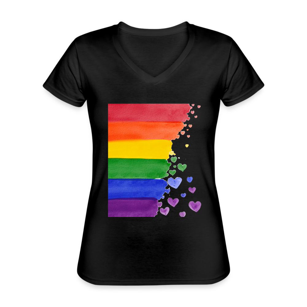 Klassisches Frauen-T-Shirt mit V-Ausschnitt - LGBT Streifen - Schwarz