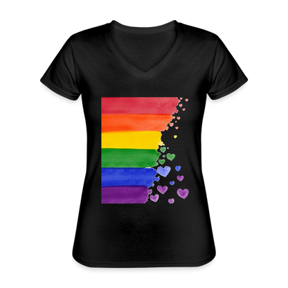 Klassisches Frauen-T-Shirt mit V-Ausschnitt - LGBT Streifen - Schwarz