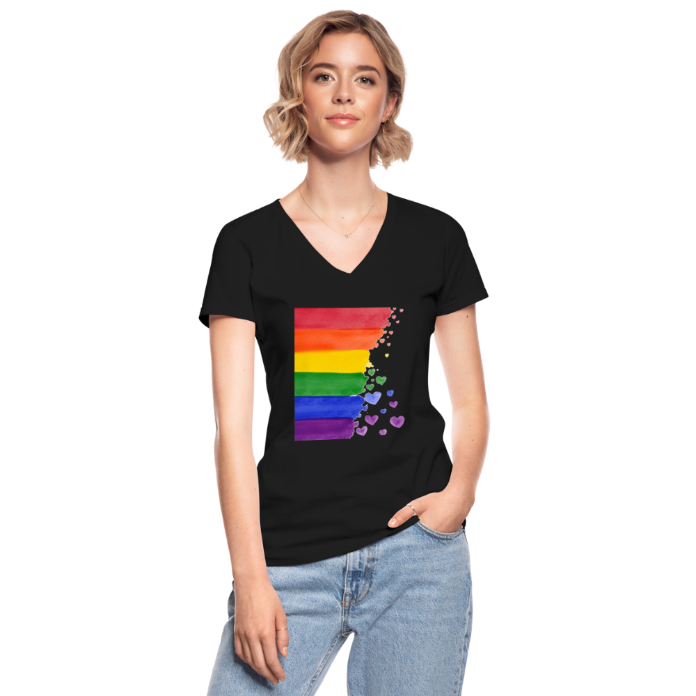 Klassisches Frauen-T-Shirt mit V-Ausschnitt - LGBT Streifen - Schwarz