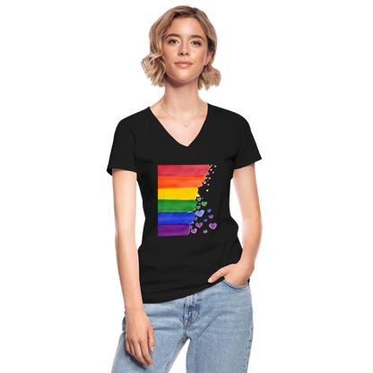 Klassisches Frauen-T-Shirt mit V-Ausschnitt - LGBT Streifen - Schwarz