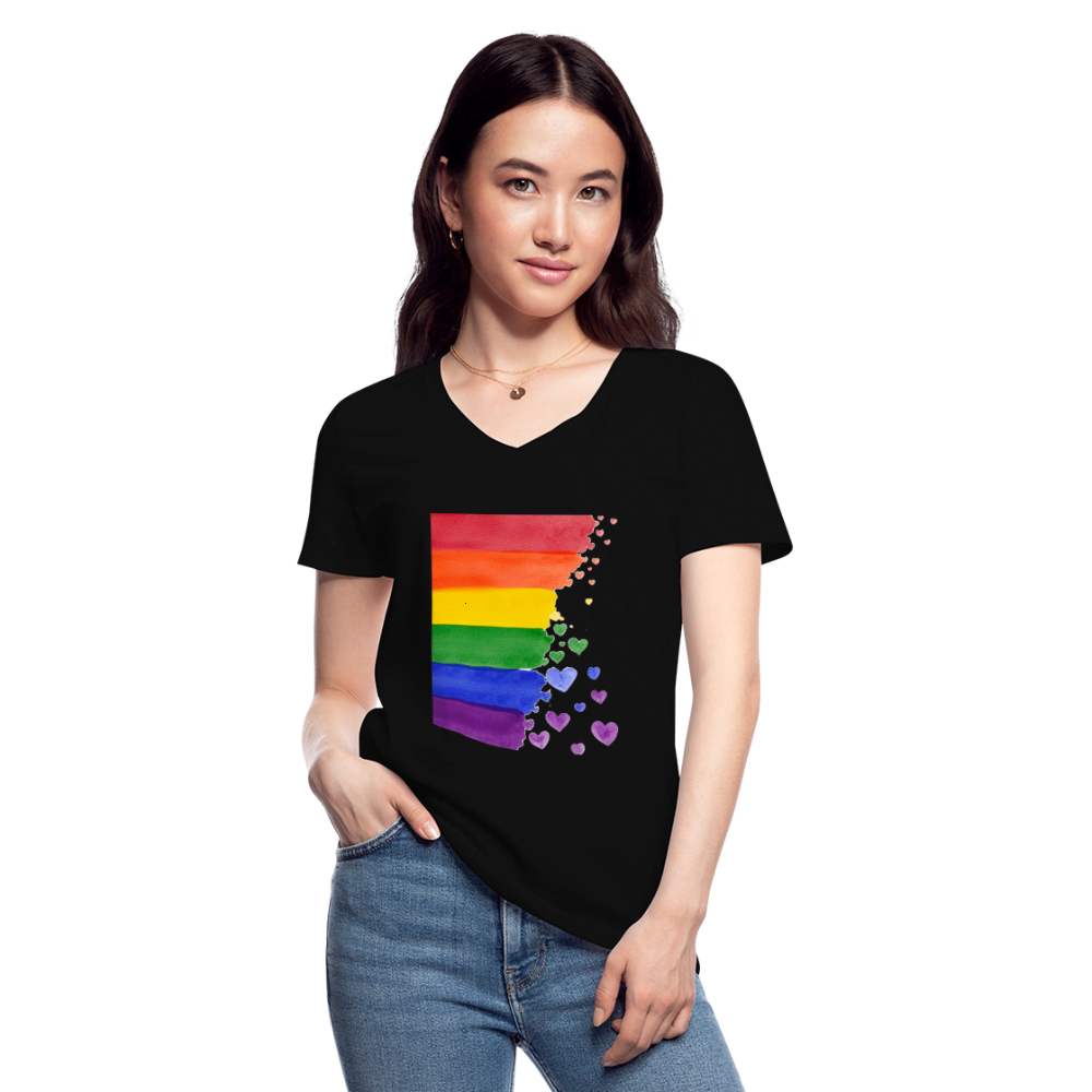 Klassisches Frauen-T-Shirt mit V-Ausschnitt - LGBT Streifen - Schwarz