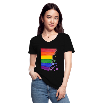 Klassisches Frauen-T-Shirt mit V-Ausschnitt - LGBT Streifen - Schwarz