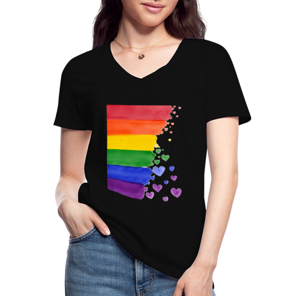 Klassisches Frauen-T-Shirt mit V-Ausschnitt - LGBT Streifen - Schwarz