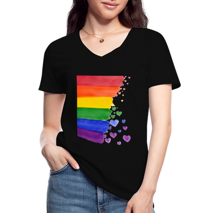 Klassisches Frauen-T-Shirt mit V-Ausschnitt - LGBT Streifen - Schwarz