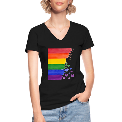 Klassisches Frauen-T-Shirt mit V-Ausschnitt - LGBT Streifen - Schwarz